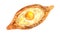 Vector Georgian food Adjara khachapuri. Pastry with egg and cheese. Hand drawn watercolor food illustration. Isolated on