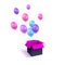 Vector gift concept, minimalism style, flying colorful balloons and 3D box illustration isolated on white background, pink, blue.