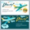 Vector gift travel voucher. Multicolor airplane in the sky. Coupon, certificate, flyer, layout.