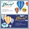 Vector gift travel voucher template. Multicolor hot air balloons in the sky. Concept for travel agency and sale ticket.