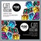 Vector gift voucher template with gift box patches and stickers. Christmas or New Year holidays cards in 80s, 90s comic style.