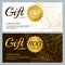 Vector gift voucher template with golden outline fall leaves. Gold, black and white autumn holidays cards.