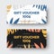 Vector gift voucher template with tropical leaves, twigs, blue and yellow inserts for the brand, on white, black background