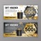 Vector gift voucher template. Universal flyer black gold design elements. Gift voucher value 500 dollars for department stores, bu