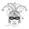 Vector girl face in outline clown or harlequin cap, mask, peacock feathers and beads in black isolated on white background.