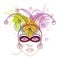 Vector girl face in outline clown or harlequin cap, mask, peacock feathers and beads in pastel yellow, green and violet isolated.