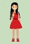 Vector girl. Flat style illustration. Freedom gesture. Nice brunette in full growth. Smiling beautiful woman in a red dress