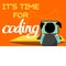 A vector of a girl sitting at the desk and coding on the laptop with a orange background. Play learn code text for a flyer