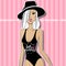 Vector girl in swimsuit.Summer outfit.Cartoon illustration.Young woman.Fashion model.