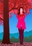 Vector girl at tree in autumn with armful of leaves