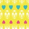 Vector glamourous Halloween seamless pattern with white skull and pink, turquoise hearts, yellow background