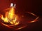 Vector glass vial on a dark background in flames and smoke. Eleme