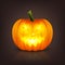 Vector Glowing Glossy Cartoon Halloween Pumkin Lantern with Funny Face. Front View. Design Template of Realistic Pumkin