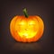 Vector Glowing Glossy Cartoon Halloween Pumkin Lantern with Funny Face. Front View. Design Template of Realistic Pumkin