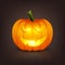 Vector Glowing Glossy Cartoon Halloween Pumkin Lantern with Funny Face. Front View. Design Template of Realistic Pumkin