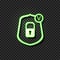 Vector Glowing Icon: Reliable Protection Concept, Lock Icon in Shield with Check Mark, Neon Green Sign on Dark Background.