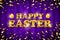 Vector gold Happy Easter balloon drawn on violet background. Illustration painted bright golden confetti color Card