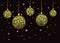 Vector golden Christmas balls with beads hanging on black background