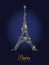 Vector Golden Floral Lace Glowing Eiffel Tower Surrounded By Flowers in Paris Silhouette At Night. French Landmark On