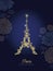 Vector Golden Glowing Eiffel Tower Surrounded By Flowers in Paris Silhouette At Night.