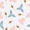 Vector golden hibiscus roses flower, blue and pink leaves on white background seamless repeat pattern.