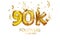Vector Golden number 90 000 ninety thousand followers of the metal ball. Party decoration with 90-Karat gold balloons. Anniversary