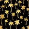 Vector golden palm trees summer seamless pattern background. Gold foil palm trees on black. Elegant luxurious design for tropical