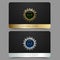 Vector golden and platinum VIP card template. Crown round frame with gem on a black geometric pattern background. Jewel label