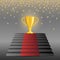 Vector of golden trophy on top of stairs with red carpet and golden and silver confetti.
