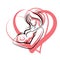 Vector graceful composition of pregnant woman body outline surrounded by heart shape frame. Mother Day.