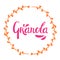 Vector granola lettering pink logo design in orange circle of twigs