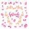 Vector granola lettering pink logo design in orange frame of twigs with seeds and berries