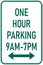Vector graphic of a green usa One Hour Parking and times MUTCD highway sign. It consists of the wording One Hour Parking and