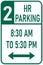 Vector graphic of a green usa Two Hour parking between times MUTCD highway sign. It consists of the wording 2 hour Parking and