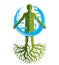 Vector graphic illustration of muscular human, individual created with tree roots and surrounded by a water ball. Body cleansing