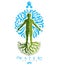 Vector graphic illustration of muscular human, individual created with tree roots and surrounded by a water ball. Human water