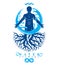 Vector graphic illustration of muscular human, individual created with tree roots and surrounded by a water ball. Human water