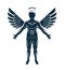 Vector graphic illustration of muscular human made using angelic bird wings and halo.