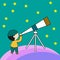 vector graphic illustration of a Muslim child holding binoculars looking at the sky