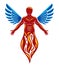 Vector graphic illustration of strong male, body silhouette created with bird wings. Reborn from flame idea.