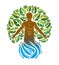 Vector graphic illustration of strong male, body silhouette emerging from water splash and surrounded with green leaves. Eco