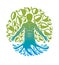 Vector graphic illustration of strong male, body silhouette emerging from water splash and surrounded with green leaves. Eco