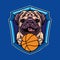 Vector graphic logo design of pug dog cartoon with vintage retro basketball style in isolated background