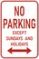 Vector graphic of a red usa No Parking Except Sundays and Holidays MUTCD highway sign. It consists of the wording No Parking