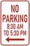 Vector graphic of a red usa No Parking within times MUTCD highway sign. It consists of the wording No Parking and the time