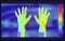 Vector graphic of thermal Image Scanning Two hands wearing latex rubber glove on blurred background. Two hands wearing latex