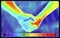 Vector graphic of Thermographic image of holding hands on blue blurred background. Holding hands showing different temperatures in