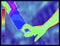 Vector graphic of Thermographic image of holding hands on blue blurred background. Holding hands showing different temperatures in