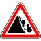 Vector graphic of a uk danger of falling rocks ahead road sign. It consists of a hillside and falling boulders symbol contained