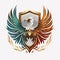 Vector graphics illustration of a eagle crest and colorful shield in logo style